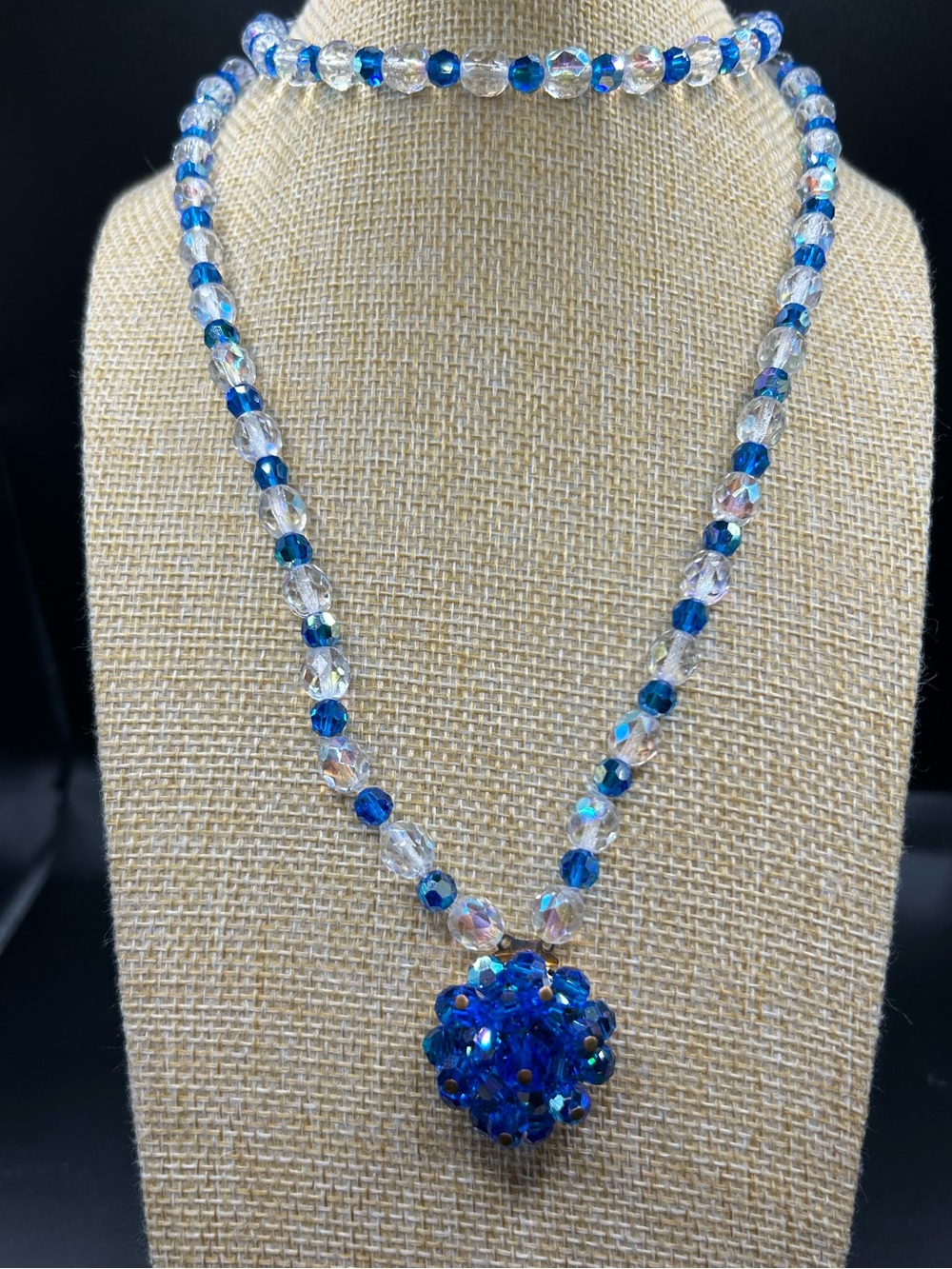 Blue Crystal Beaded Necklace with floral Statement Pendant